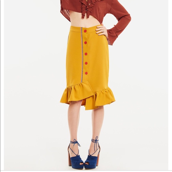 Stripe Tape Detail Button Front Frill Hem Skirt - Picture 1 of 3